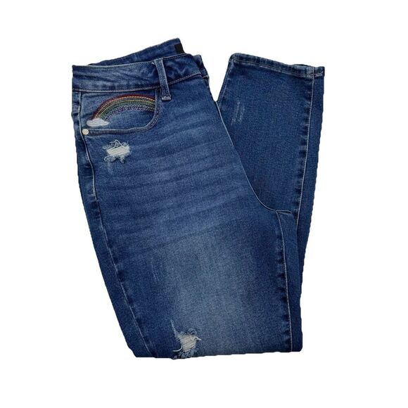 Judy Blue Jeans Womens 14W Straight with Rainbow Embroidered Pocket Distressed - Picture 1 of 11